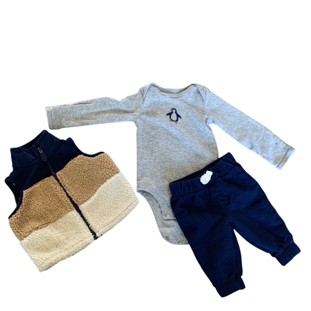 Carter’s Penguin Bodysuit, Sherpa Vest & Joggers (Size 3M) [💥BUNDLE 3 items]